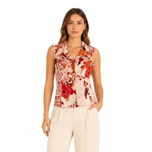 Namdar 100% Silk Floral Button Blouse Women 6 Collared Sleevless Pink Career